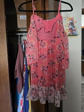 SHEIN Coral Pink Floral Cold-Shoulder Midi Dress